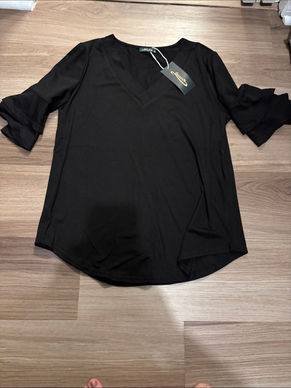 Ruffled-Sleeve V-Neck Blouse - Black